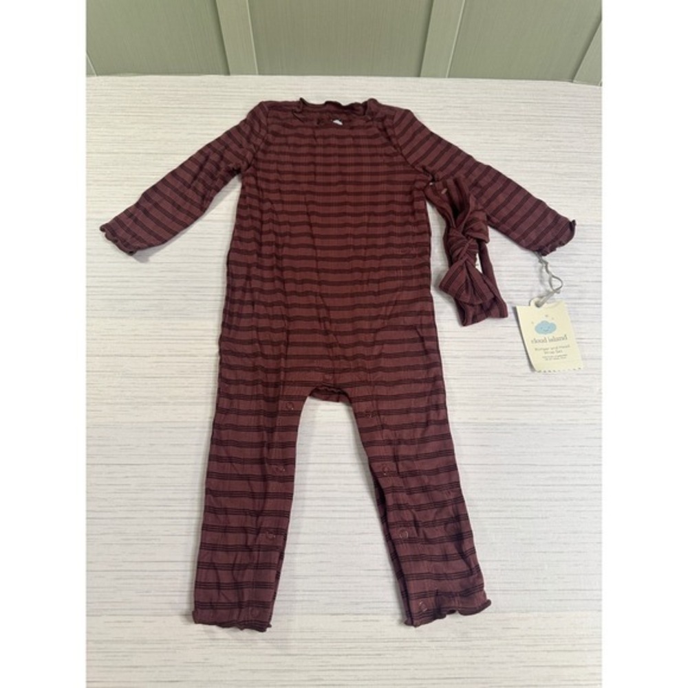 Cloud Island Baby Girls Romper Head Wrap Set 12M Maroon Striped Ribbed Knit NWT